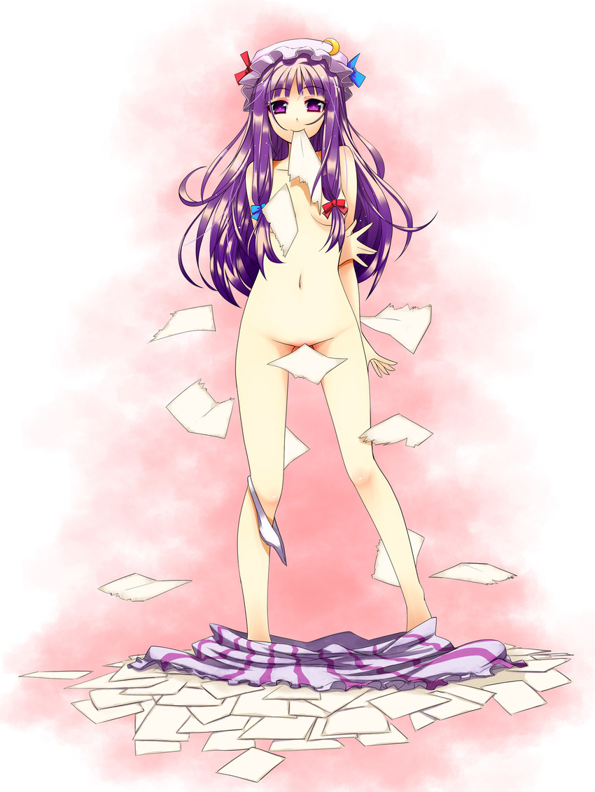 akino_sora bad_id bad_pixiv_id barefoot censored convenient_censoring crescent flying_paper groin hair_ribbon hat highres long_hair mouth_hold navel nude panties panties_around_one_leg paper patchouli_knowledge purple_eyes purple_hair ribbon smile solo touhou underwear white_panties