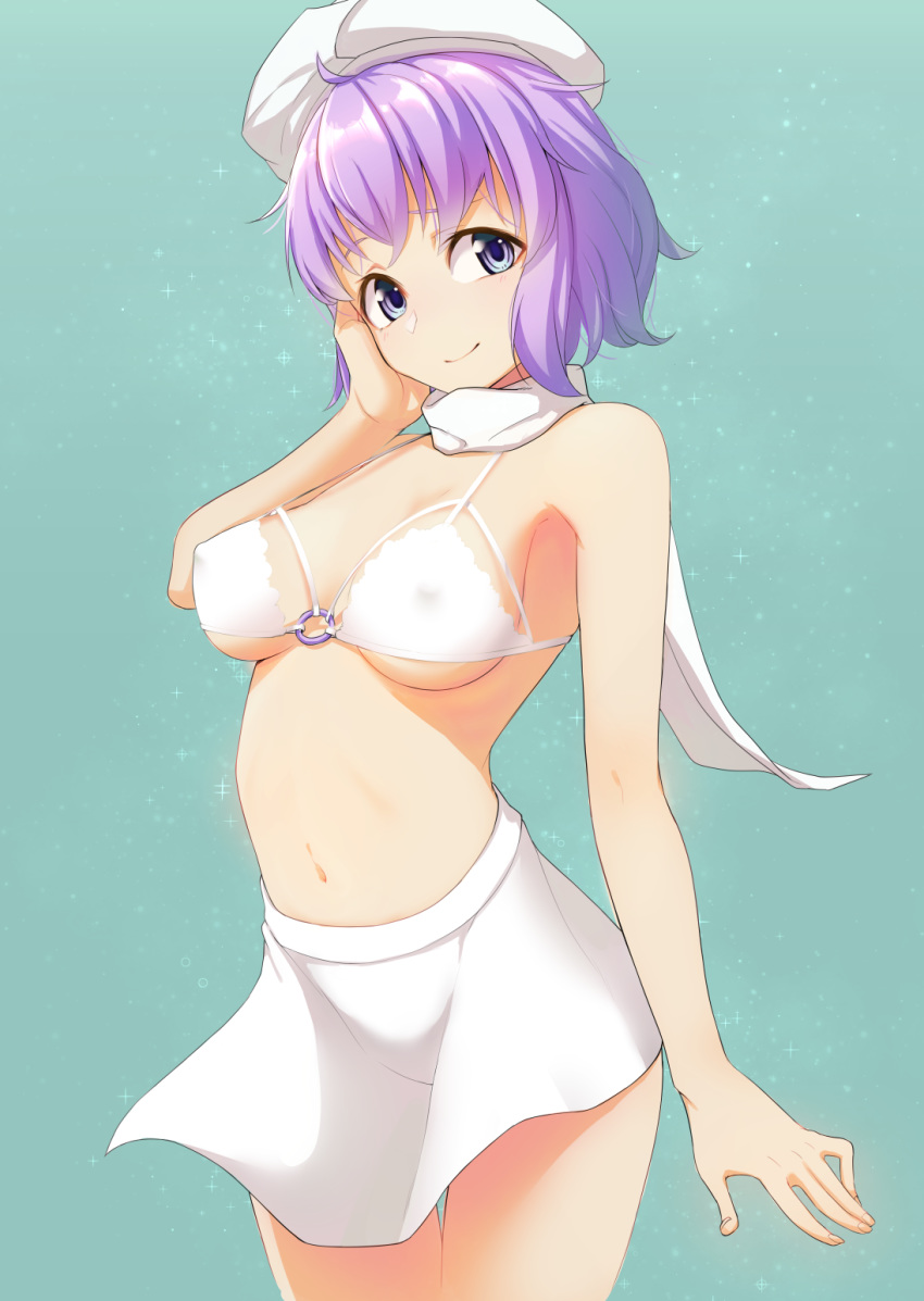 1girl aqua_background blue_eyes breasts closed_mouth cowboy_shot erect_nipples eyebrows_visible_through_hair hand_on_own_cheek hat head_tilt highres letty_whiterock looking_at_viewer medium_breasts navel o-ring o-ring_top purple_hair smile solo sparkle thigh_gap tonbo_(11023) touhou white_bikini_top white_hat