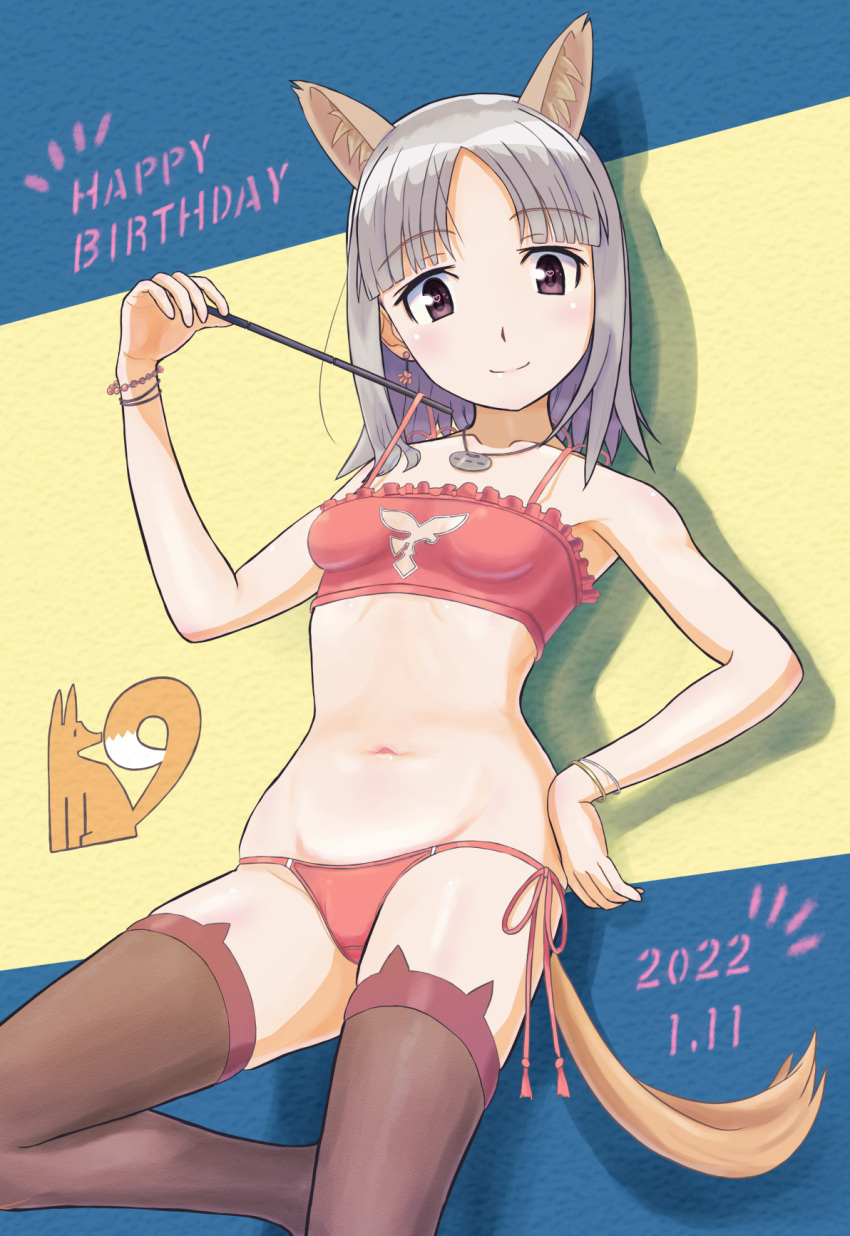 1girl animal_ears black_legwear blush bra brave_witches breasts closed_mouth collarbone dated edytha_rossmann eyebrows_visible_through_hair fox_ears fox_tail hand_on_hip happy_birthday heart heart-shaped_pupils highres jewelry keicha_(kmoekaki) lingerie looking_at_viewer medium_hair necklace panties purple_eyes red_bra red_panties shiny shiny_hair shiny_skin side-tie_panties silver_hair small_breasts smile solo symbol-shaped_pupils tail thighhighs underwear wand world_witches_series