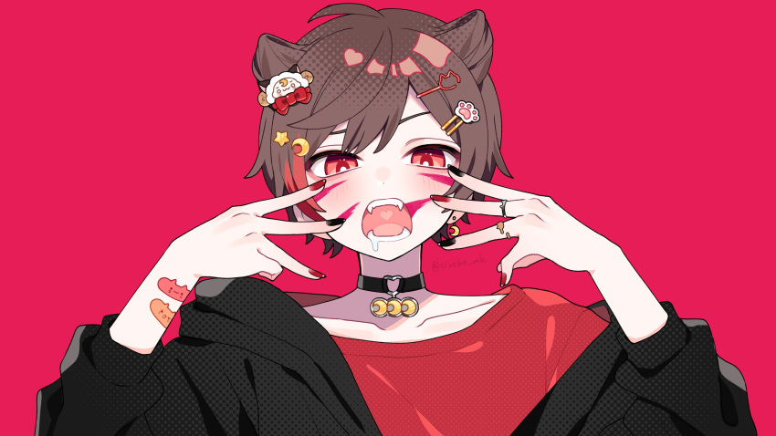 1boy absurdres amatsuki_(nico_nico_douga) animal_(vocaloid) bandaid bandaid_on_arm bangs black_jacket black_nails blush brown_hair cat_hair_ornament commentary_request crescent crescent_choker crescent_hair_ornament derivative_work fangs hair_cones hair_ornament hairclip highres jacket long_sleeves looking_at_viewer male_focus masamune_(amatsuki) multicolored_nails niconico open_mouth paw_hair_ornament red_eyes red_nails red_shirt saliva shiroko shirt short_sleeves solo t-shirt utaite_(singer)