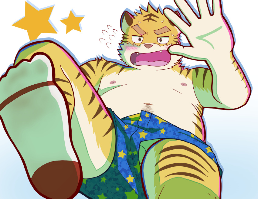 2021 absurd_res anthro balls belly blush clothing felid genitals hi_res humanoid_hands kemono male mammal nipples overweight overweight_male pantherine simple_background solo tiger tmnt_omawari3 underwear