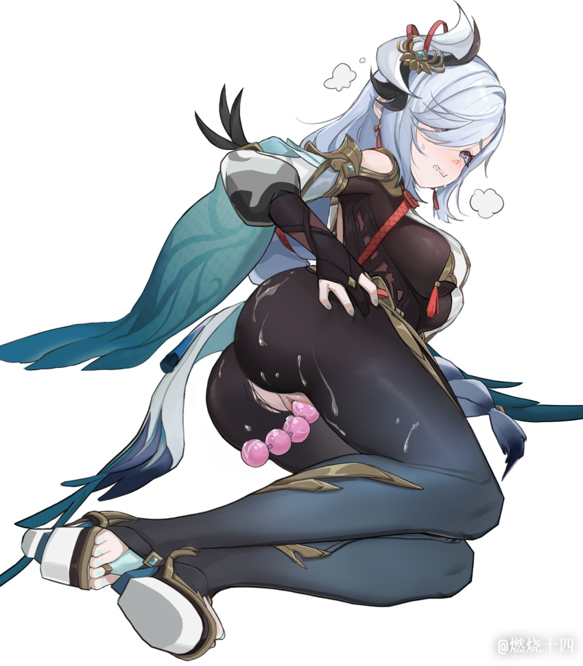 14sky 1girl anal_beads aqua_nails ass black_bodysuit black_gloves blue_eyes bodysuit braid breasts clenched_teeth cum cum_on_ass cum_on_clothes fingerless_gloves genshin_impact gloves hair_over_one_eye highres large_breasts legs long_hair long_sleeves nail_polish object_insertion puffy_long_sleeves puffy_sleeves sex_toy shenhe_(genshin_impact) simple_background solo sweatdrop tassel teeth toeless_legwear toenail_polish toenails toes vaginal vaginal_object_insertion white_background white_hair