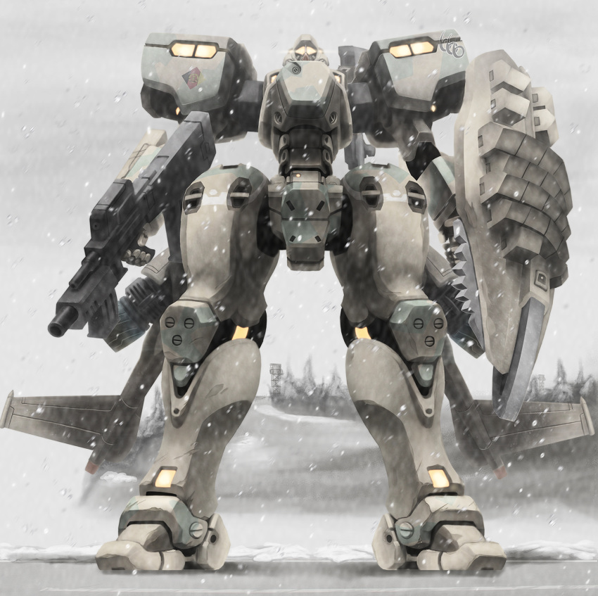 cannon east_german from_below gun highres machine_gun mecha mig-21_balalaika_(muvluv) muvluv muvluv_alternative reactive_armor scharfschutze schwarzesmarken shield snow snowing tactical_surface_fighter thrusters tree weapon