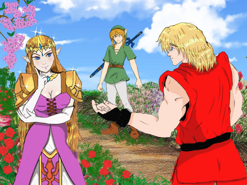 field flirting flower highres jealous ken_masters like link long_hair master_sword princess_zelda self_upload smile street_fighter super_smash_bros. sword taunting the_legend_of_zelda weapon wez1010