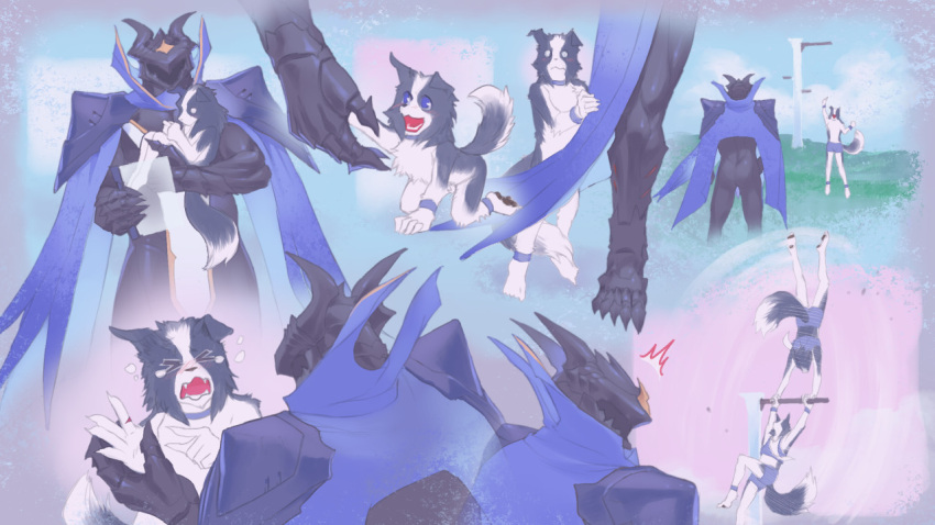 16:9 anthro blush bodily_fluids border_collie butt canid canine canis carrying_partner collie detailed_background domestic_dog herding_dog humanoid humor mammal monster open_mouth pastoral_dog pawpads sheepdog tears textless widescreen wounded zero_winchester