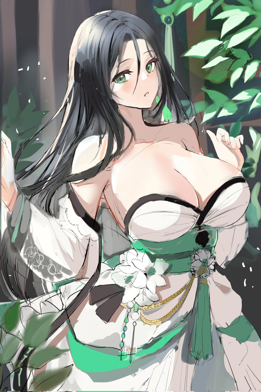 1girl armpits bare_shoulders black_hair blush breasts breasts_outside cleavage collarbone dress flower green_eyes hands_up highres large_breasts lillly long_hair looking_at_viewer looking_away obi open_mouth original sash sketch skirt sleeveless sleeveless_dress sleeves_past_wrists straight_hair very_long_hair