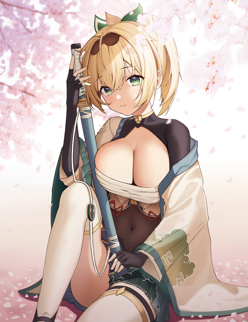 $hu 1girl absurdres black_gloves blonde_hair breasts cleavage elbow_gloves fingerless_gloves gloves highres hololive holox japanese_clothes katana kazama_iroha large_breasts looking_at_viewer ponytail sarashi sheer_clothes smile solo sword virtual_youtuber weapon