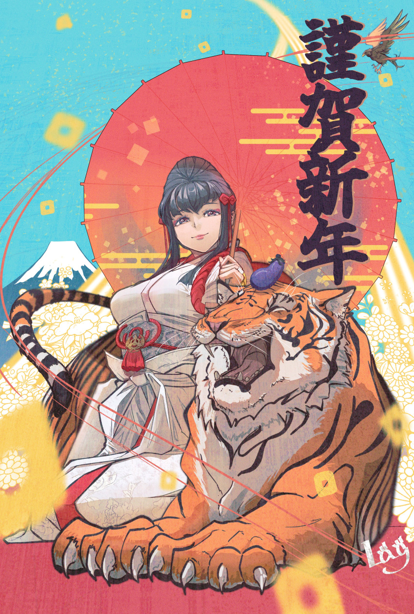 1girl absurdres black_hair breasts brown_eyes character_request chinese_zodiac eggplant eyebrows_visible_through_hair highres lag_(wo76_a) large_breasts lips long_hair looking_at_viewer solo tekken tiger year_of_the_tiger
