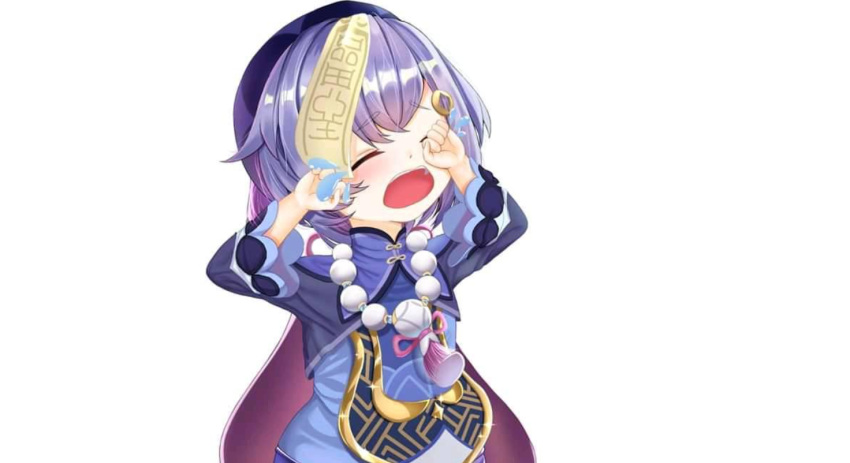 1girl artist_request bead_necklace beads braid braided_ponytail chinese_clothes crying genshin_impact hat jewelery jewelry jiangshi long_hair low_ponytail necklace purple_hair qiqi_(genshin_impact) shorts sidelocks solo source_request