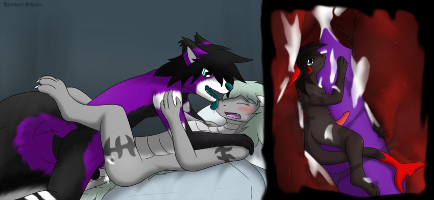 anthro balls bed belly_scales black_body black_fur black_hair blue_eyes blue_tongue blush bodily_fluids breasts canid canine canis claws cum cum_inside cum_on_arm cum_on_face cum_on_feet cum_on_leg cum_on_penis cum_on_tail cylia_(dolphy) dolphy_(character) dragon ear_tuft embrace equinoxthefox eyes_closed female fish from_front_position fur furniture genital_fluids genitals giru_(artist) grey_body grey_hair grey_scales group group_sex hair hand_on_shoulder happy hug hybrid internal legs_around_partner looking_at_another looking_at_partner looking_pleasured lying male male/female mammal marine markings micro micro_on_penis nose_lick on_back on_bed penetration penile penile_penetration penis penis_hug purple_body purple_eyes purple_fur purple_penis pussy_juice pussy_juice_on_arm pussy_juice_on_leg pussy_juice_on_penis pussy_juice_string red_body red_fur saliva saliva_on_face scale_markings scales sex shark threesome tongue tuft unbirthing vaginal vaginal_penetration vore white_body white_fur wolf