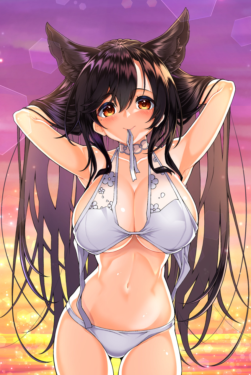 1girl absurdres animal_ears aruto_(shake_onigiri) atago_(azur_lane) atago_(summer_march)_(azur_lane) azur_lane black_hair breasts brown_eyes cleavage commentary_request cowboy_shot dog_ears extra_ears gradient_sky highres large_breasts lens_flare long_hair mole mole_under_eye mouth_hold purple_sky ribbon sky solo sparkle sunset white_ribbon