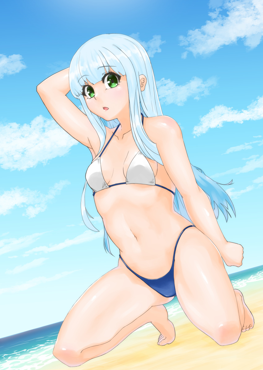 1girl absurdres aoki_hagane_no_arpeggio bangs beach bikini blue_hair blue_sky blunt_bangs breasts cloud commentary_request day dutch_angle green_eyes highres hime_cut iona long_hair mismatched_bikini navel outdoors sky small_breasts solo swimsuit yosshy815