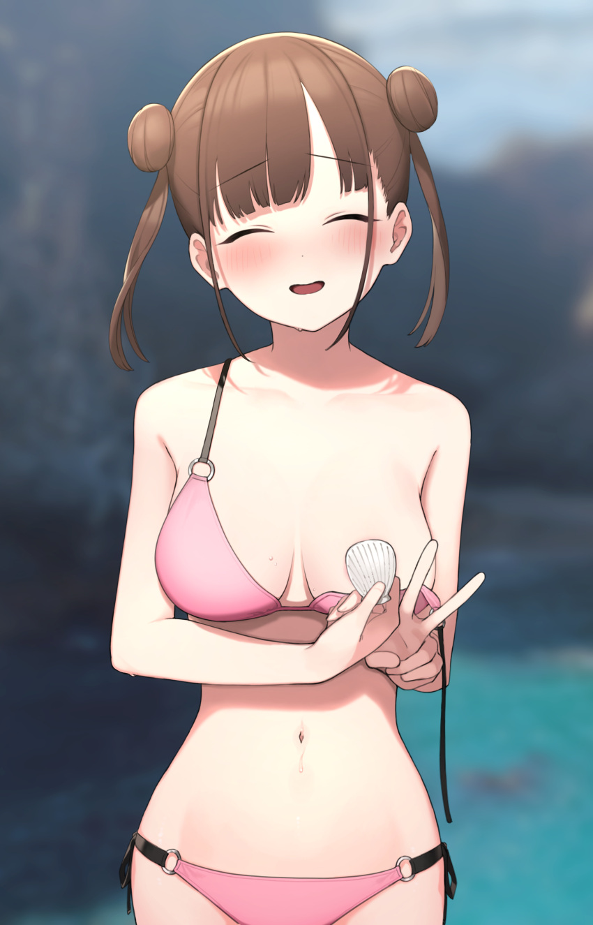 1girl absurdres bikini blurry blurry_background blush breasts brown_hair closed_eyes covering_nipples day double_bun facing_viewer highres idolmaster idolmaster_shiny_colors large_breasts navel open_mouth outdoors pink_bikini seashell shell short_twintails signalviolet solo sonoda_chiyoko string_bikini swimsuit twintails v