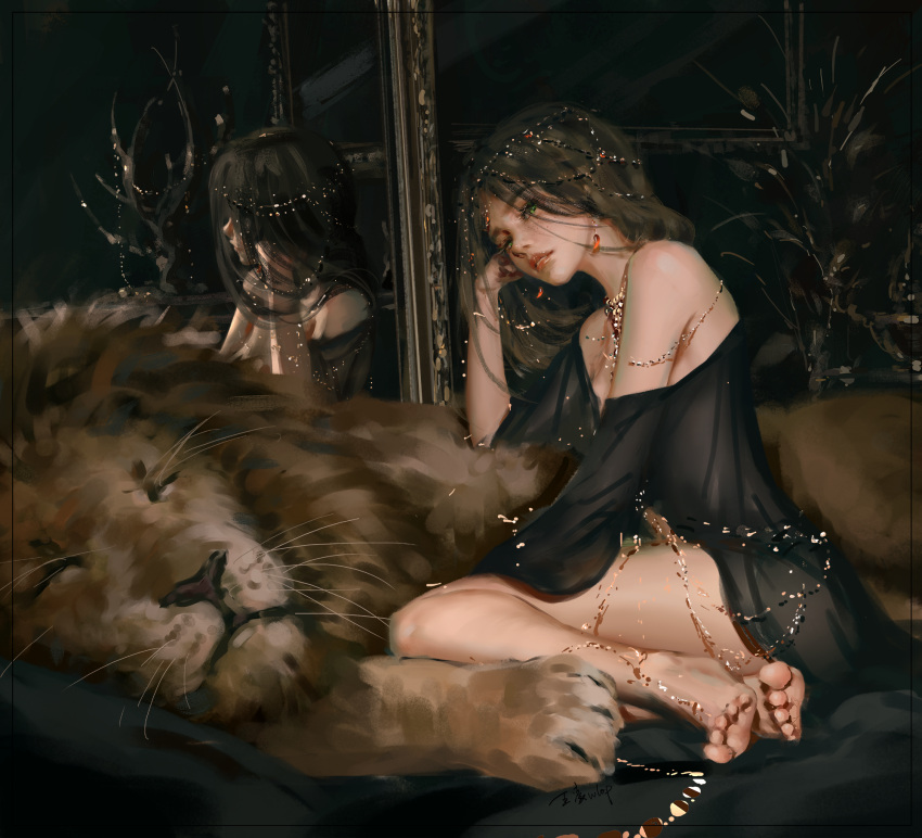 1girl black_dress blue_eyes breasts dress earrings ghostblade hair_ornament hand_on_own_face highres jewelry lion long_hair looking_at_viewer mirror princess_aeolian reflection see-through wlop