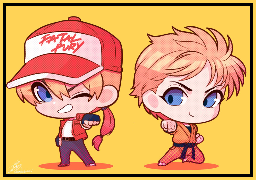 2boys blonde_hair blue_eyes chibi fatal_fury fatal_fury_cap fingerless_gloves gloves highres jacket multiple_boys ponytail ryou_sakazaki ryuuko_no_ken sudachi0315 terry_bogard