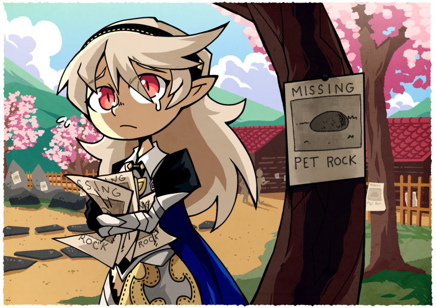 1girl black_hairband blue_cape blue_sky boulder cape cherry_blossoms cloud commission corrin_(fire_emblem) corrin_(fire_emblem)_(female) fence fire_emblem fire_emblem_fates frown grass hairband long_hair looking_at_viewer missing_poster mountain pet_rock platinum_blonde_hair pointy_ears red_eyes sad setz sky slit_pupils teardrop tree