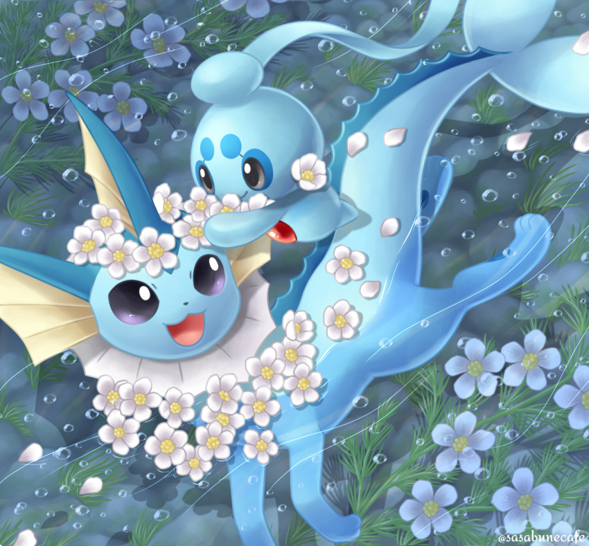 :d air_bubble bubble closed_mouth commentary_request flower from_above highres no_humans open_mouth phione pokemon pokemon_(creature) sasabunecafe smile swimming tongue vaporeon water white_flower