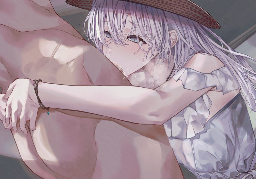 1boy 1girl anastasia_(fate) anastasia_(swimsuit_archer)_(fate) ass bangs bare_shoulders blue_eyes blush breasts dress fate/grand_order fate_(series) fellatio hair_over_one_eye hat hetero highres large_breasts long_hair oral silver_hair straw_hat suujiniku very_long_hair white_dress