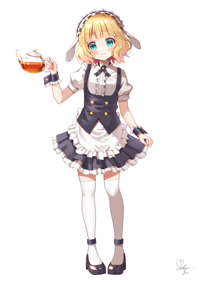 1girl absurdres animal_ears apron aqua_eyes black_footwear blonde_hair blush center_frills closed_mouth collared_shirt fake_animal_ears fleur_de_lapin_uniform floppy_ears frilled_cuffs frills full_body gochuumon_wa_usagi_desu_ka? highres holding kirima_sharo looking_at_viewer mozukun43 puffy_short_sleeves puffy_sleeves rabbit_ears shirt short_hair short_sleeves signature simple_background smile solo thighhighs waist_apron white_apron white_background white_legwear white_shirt