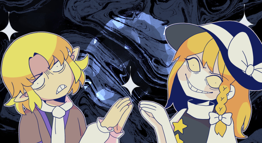 2girls abstract_background arm_warmers bangs black_shirt blonde_hair blue_headwear bow braid brown_jacket clenched_teeth colored_sclera commentary_request cookie_(touhou) dot_pupils grin hat hat_bow head_tilt hita_(hizokuseikogeki) jacket joker_(cookie) kirisame_marisa long_hair looking_at_viewer mizuhashi_parsee multiple_girls own_hands_together parody parted_bangs pointy_ears shirt short_hair side_braid single_braid smile star_(symbol) suzu_(cookie) teeth tophamhat-kyo touhou upper_body white_bow witch_hat yellow_sclera