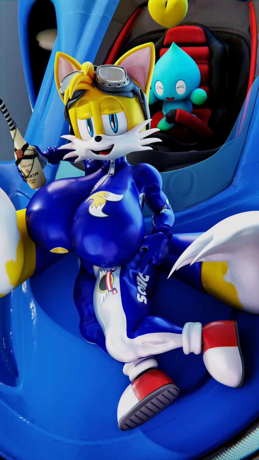 3d_(artwork) absurd_res alcohol beverage big_breasts blender_(software) breasts car champagne chao_(sonic) clothing digital_media_(artwork) eyewear female female_focus footwear goggles hi_res huge_breasts jumpsuit latex miles_prower palisal racing rubber sega shoes sonic_the_hedgehog_(series) tails_(disambiguation) thick_thighs vehicle