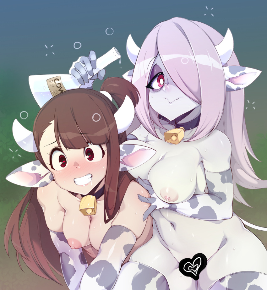 2girls absurdres animal_ears animal_print bangs beaker bell black_choker blush breasts brown_hair censored choker clenched_teeth closed_mouth collarbone cow_ears cow_horns cow_print cowbell elbow_gloves english_commentary eyebrows_visible_through_hair gloves gradient gradient_background hair_over_one_eye heart heart-shaped_pupils heart_censor highres holding holding_test_tube horns kagari_atsuko little_witch_academia long_hair looking_at_viewer medium_breasts multiple_girls navel neck_bell nipples nude pale_skin parted_bangs pink_hair potion print_gloves print_legwear red_eyes reward_available saliva slugbox sucy_manbavaran sweat symbol-shaped_pupils teeth test_tube thighhighs thighs white_gloves