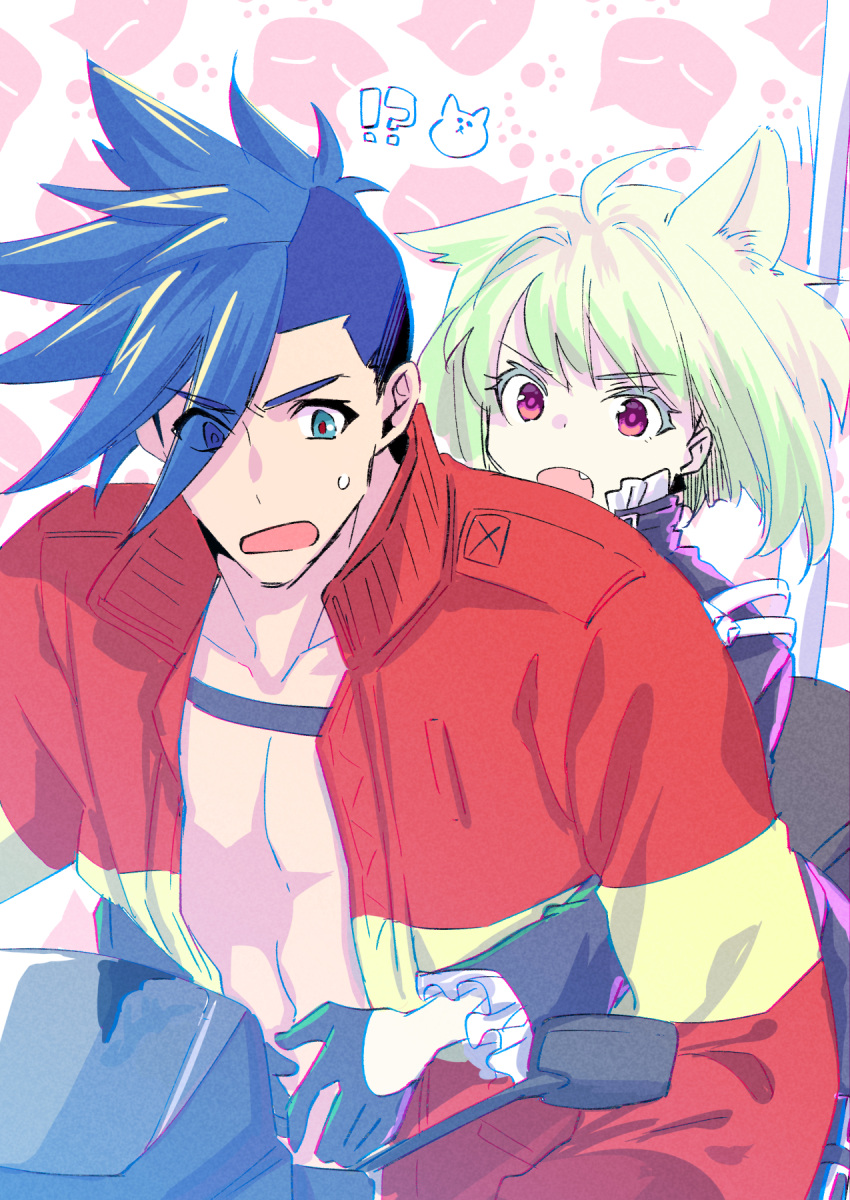 2boys animal_ears ascot black_gloves black_jacket blue_eyes blue_hair cat_ears eyes_visible_through_hair fang galo_thymos gloves green_hair ground_vehicle half_gloves highres hug hug_from_behind jacket kemonomimi_mode kisekisaki lio_fotia male_focus motor_vehicle motorcycle multiple_boys no_undershirt open_clothes open_jacket promare purple_eyes sidecut spiked_hair sweat