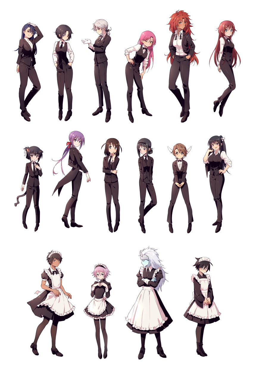 4boys 6+girls absurdres aijima_cecil akemi_homura alternate_costume apron aqua_eyes black_eyes black_footwear black_hair black_jacket black_necktie black_pants blue_hair blue_skin braid brown_eyes brown_hair character_request check_character closed_eyes colored_skin commentary crona_(soul_eater) crossdressing crossed_arms dark_skin earrings english_commentary formal full_body glasses gloves grey_hair hand_on_own_head hands_in_pockets headband highres itoshiki_nozomu izayoi_sakuya jacket jewelry long_hair looking_at_viewer mahou_shoujo_madoka_magica maid maid_apron maid_headdress medium_hair multiple_boys multiple_girls necktie nifffi open_clothes open_jacket pants pink_hair purple_eyes purple_hair queen's_blade red_hair risty round_eyewear sakuya_(utawarerumono) sayonara_zetsubou_sensei shirt shoes short_hair simple_background soul_eater suit touhou twin_braids uta_no_prince-sama utawarerumono vest white_background white_gloves white_shirt yellow_eyes