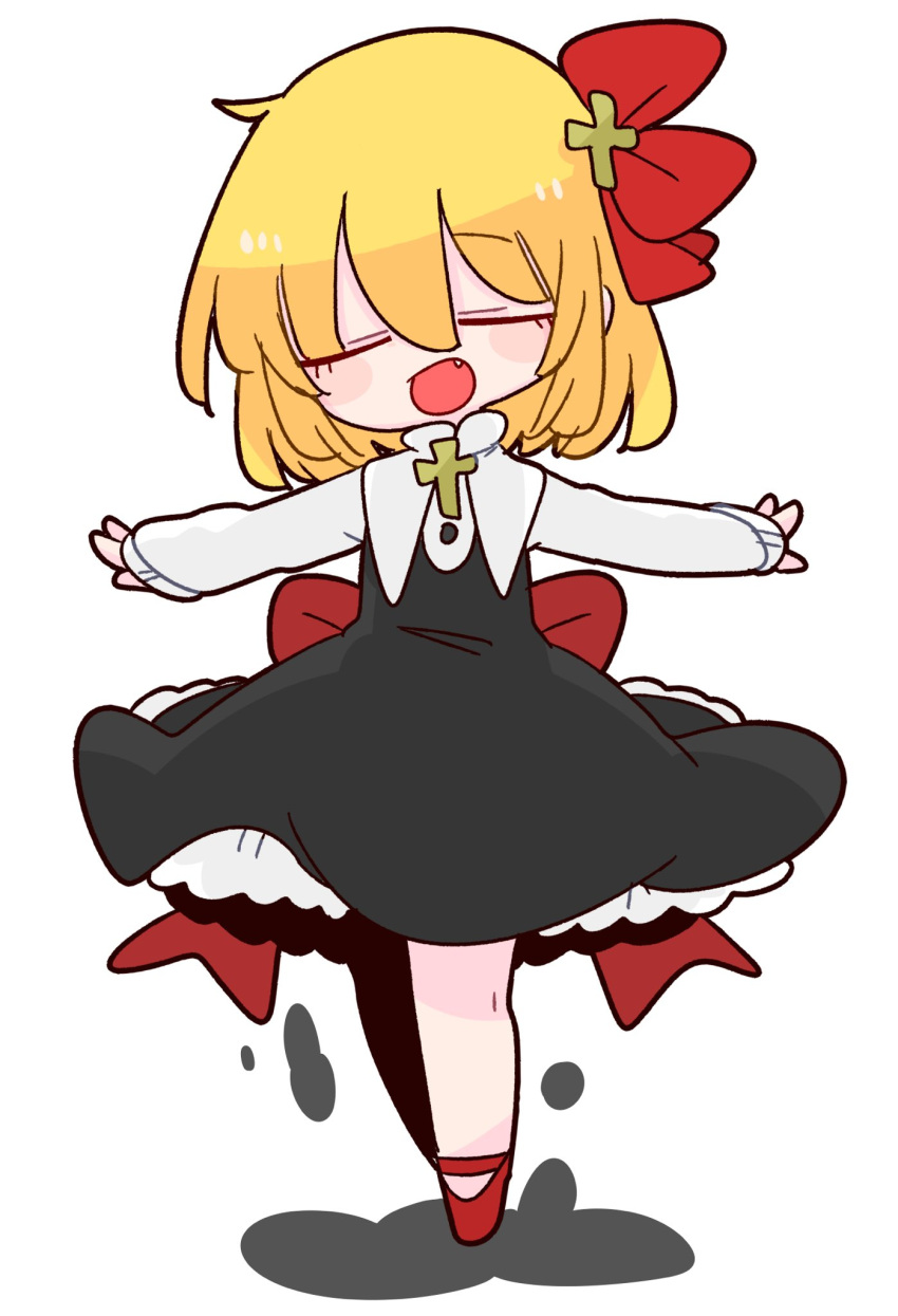 1girl black_dress blonde_hair closed_eyes collared_shirt cross dress fang hair_ribbon highres latin_cross op_na_yarou open_mouth outstretched_arms red_neckwear red_ribbon ribbon rumia sash shirt short_hair simple_background solo spread_arms touhou white_background white_shirt