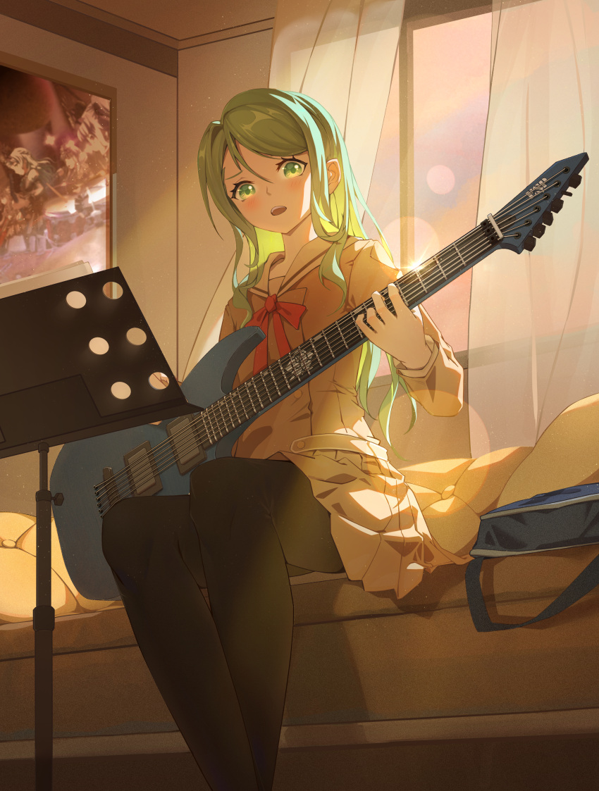 1girl absurdres alisi aqua_hair bag bang_dream! bangs bed bedroom black_legwear blush brown_dress buttons cowboy_shot curtains double-breasted dress electric_guitar esp_guitars green_eyes guitar hair_between_eyes hanasakigawa_school_uniform highres hikawa_sayo holding holding_instrument indoors instrument lens_flare light_rays long_hair long_sleeves music_stand neck_ribbon open_mouth pantyhose pillow pleated_dress poster_(object) red_ribbon ribbon sailor_collar sailor_dress school_bag school_uniform shadow sidelocks sitting solo sunbeam sunlight sunset teeth upper_teeth white_sailor_collar window