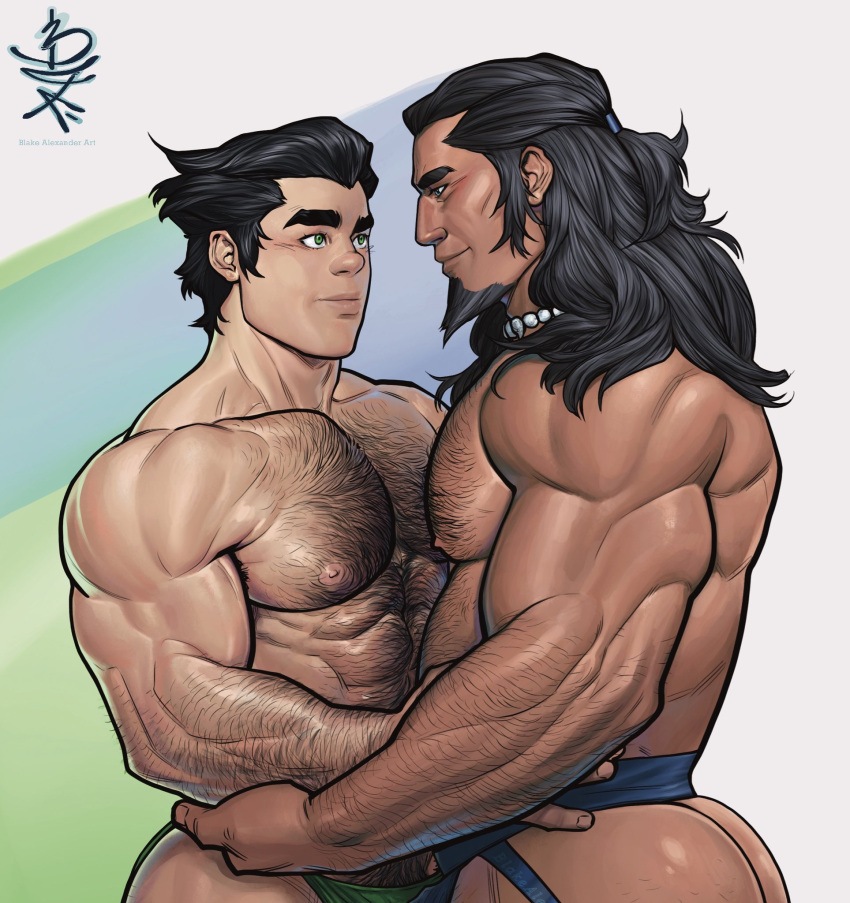 2boys abs arm_hair artist_name ass avatar_(series) bara black_hair blake_alexander blue_eyes bolin chest_hair closed_mouth couple eye_contact facial_hair goatee green_eyes green_male_underwear hairy hands_on_hips highres jewelry jockstrap large_pectorals long_hair looking_at_another male_focus male_pubic_hair male_underwear multiple_boys muscular muscular_male necklace nipples pearl_necklace pectorals ponytail pubic_hair short_hair smile the_legend_of_korra thick_eyebrows tonraq underwear yaoi