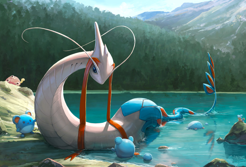 antennae fins forest gills highres lake looking_at_another marill mcgmark milotic mountain mountainous_horizon nature no_humans partially_submerged pokemon pokemon_(creature) rock scenery shuckle tail tail_fin tree water wet