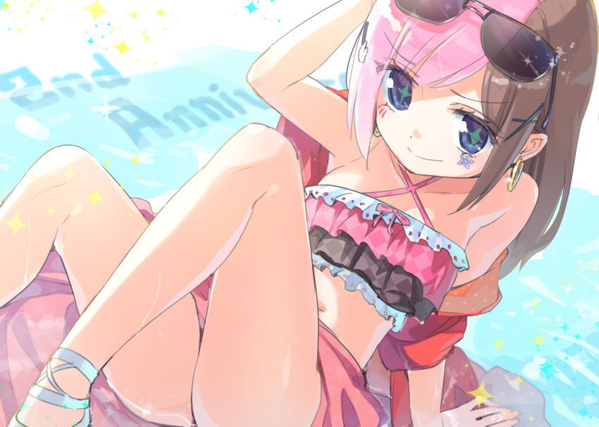 1girl blue_eyes brown_hair bunny bunny_hair_ornament earrings hair_ornament highres homura_subaru indie_virtual_youtuber jewelry looking_at_viewer multicolored_hair pink_hair star-shaped_pupils star_(symbol) star_tattoo swimsuit symbol-shaped_pupils tattoo teremi_(vtuber) two-tone_hair virtual_youtuber water wet wet_clothes