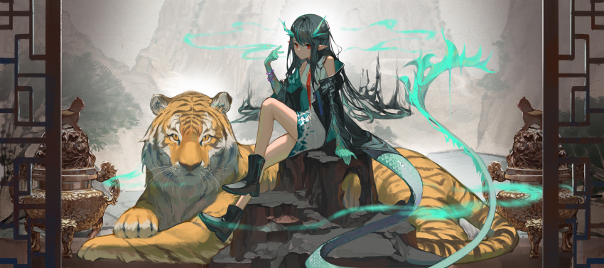 1girl absurdres animal arknights bare_legs bare_shoulders black_coat black_footwear black_hair blue_hair boots clay_(clayjun) coat colored_skin day dragon_girl dragon_horns dragon_tail dress dusk_(arknights) fiery_tail fire full_body green_fire green_skin highres horns incense incense_burner ink knee_boots knee_up long_hair long_sleeves multicolored_hair necktie open_clothes open_coat outdoors pointy_ears red_eyes red_necktie rock sitting solo tail tiger two-tone_hair very_long_hair whiskers white_dress