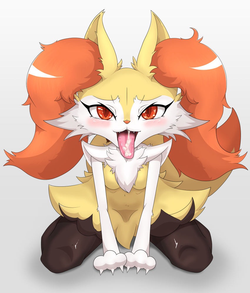 2021 3_fingers absurd_res anthro black_body black_fur blush bodily_fluids braixen canid canine claws cum cum_on_tongue cute_fangs dipstick_tail female finger_claws fingers fluffy fur genital_fluids hi_res inner_ear_fluff kemono kneeling looking_at_viewer mammal markings multicolored_body multicolored_fur multicolored_tail naughty_face nintendo open_mouth paws pok&eacute;mon pok&eacute;mon_(species) pupils red_body red_eyes red_fur red_nose saliva saliva_on_tongue slit_pupils solo tail_markings tongue tongue_out tuberosekotoki tuft video_games white_body white_fur yellow_body yellow_fur