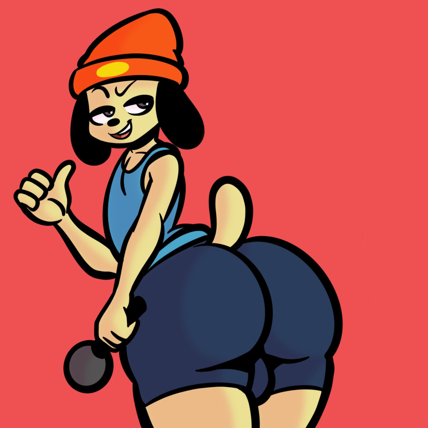 1:1 anthro beanie big_butt brown_eyes butt butt_focus canid canine canis clothing domestic_dog gesture hat headgear headwear hi_res huge_butt humanoid looking_back male mammal microphone parappa parappa_the_rapper rear_view red_background red_clothing red_hat red_headwear shirt simple_background solo sony_corporation sony_interactive_entertainment taillove_(artist) tan_body tank_top thick_thighs tight_clothing topwear video_games