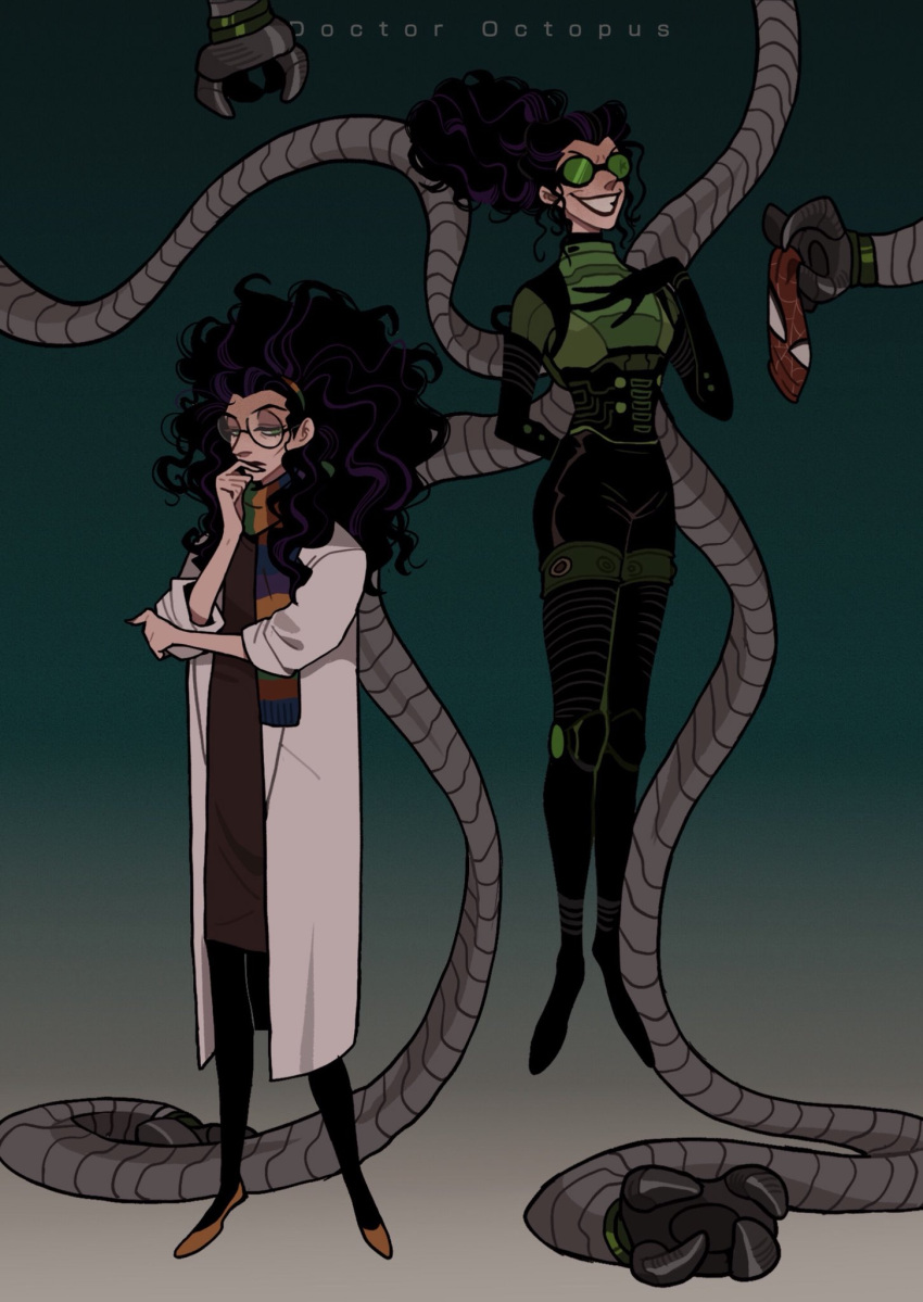 1girl bodysuit character_name curly_hair doctor_octopus english_text full_body goggles green_eyes grin highres juanmao labcoat marvel mechanical_tentacles multiple_views olivia_octavius scarf smile solo spider-man:_into_the_spider-verse spider-man_(series) tentacles yellow_footwear