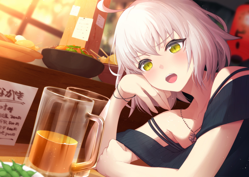 1girl ahoge alcohol bangs beer blush bowl cup dating drinking_glass eyebrows_behind_hair eyebrows_visible_through_hair fate/grand_order fate_(series) food glass hair_between_eyes indoors izakaya jeanne_d'arc_(alter)_(fate) jeanne_d'arc_(fate) looking_at_viewer off_shoulder open_mouth patori plate short_hair silver_hair solo upper_body wicked_dragon_witch_ver._shinjuku_1999 yellow_eyes