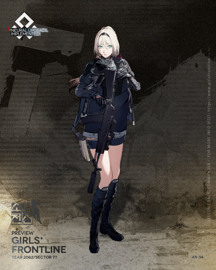 an-94 an-94_(girls'_frontline) assault_rifle blonde_hair blue_eyes boots duoyuanjun girls'_frontline gun handgun highres long_hair looking_at_viewer pistol ponytail rifle suppressor weapon