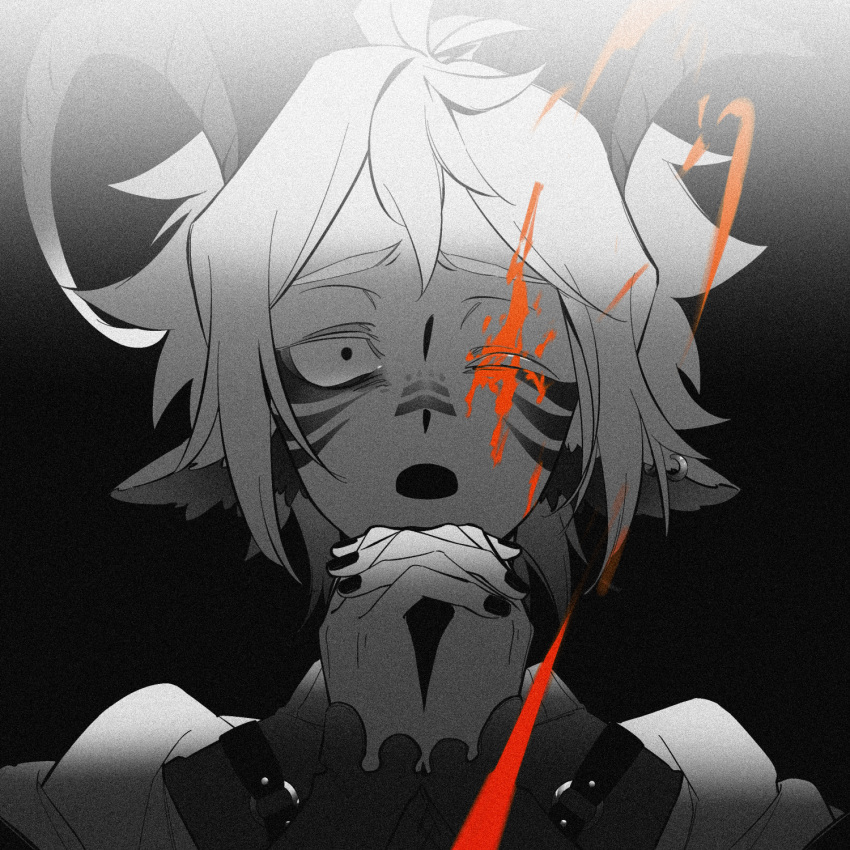 1boy :o animal_ears bangs black_background black_nails blood blood_on_face blood_stain commentary earrings facial_mark goat_horns highres horns interlocked_fingers jacket jewelry messy_hair one_eye_closed original own_hands_together portrait shizu_(9394marimo) smile solo standing surprised sweat white_hair white_jacket