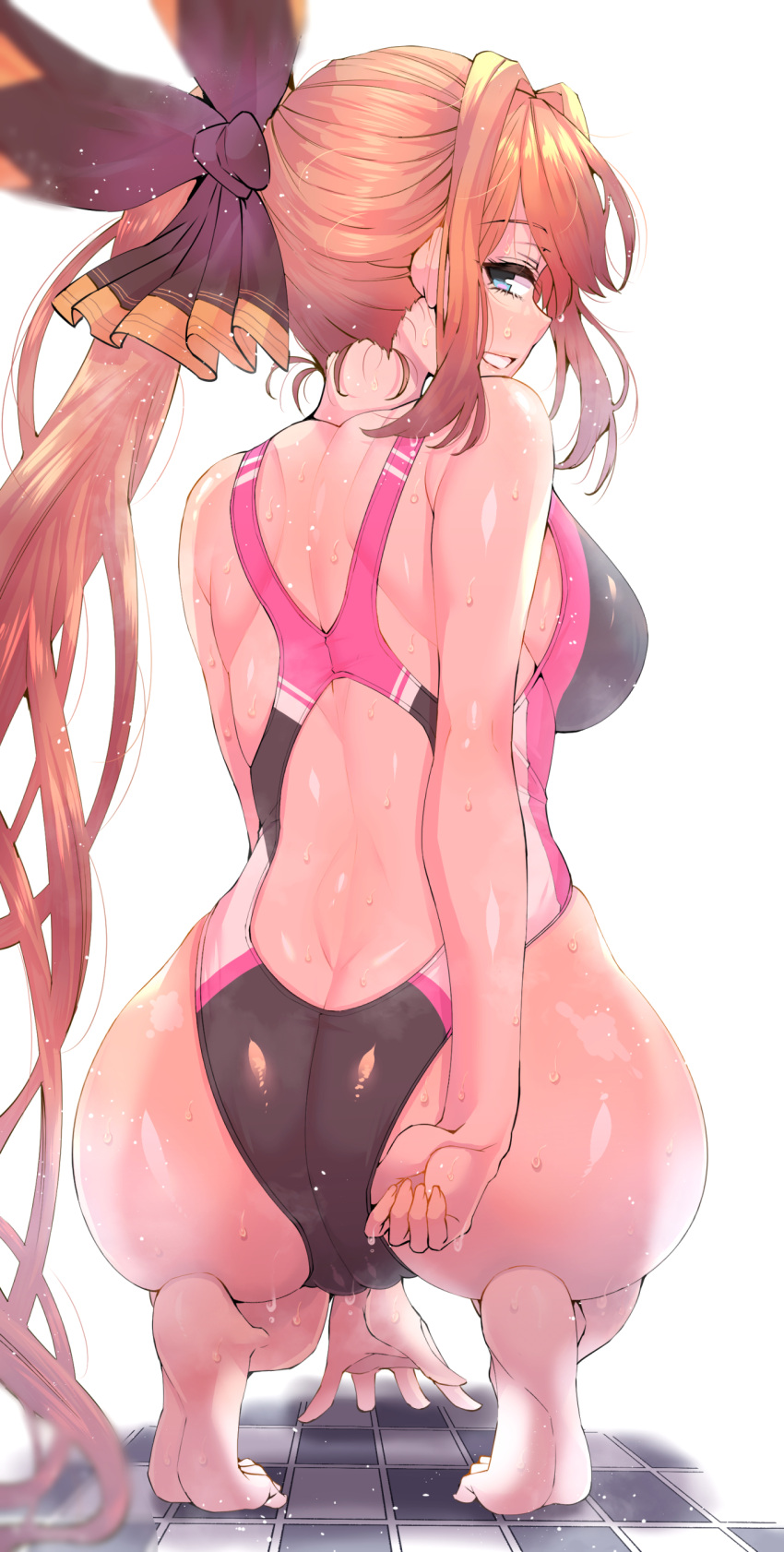 1girl absurdres ass bangs bare_arms bare_shoulders barefoot blue_eyes clarisse_(granblue_fantasy) competition_swimsuit eyebrows_visible_through_hair from_behind granblue_fantasy hair_ornament highres long_hair looking_at_viewer looking_back one-piece_swimsuit orange_hair parted_lips ponytail smile soles solo swimsuit wakura_(gcdan) wet white_background