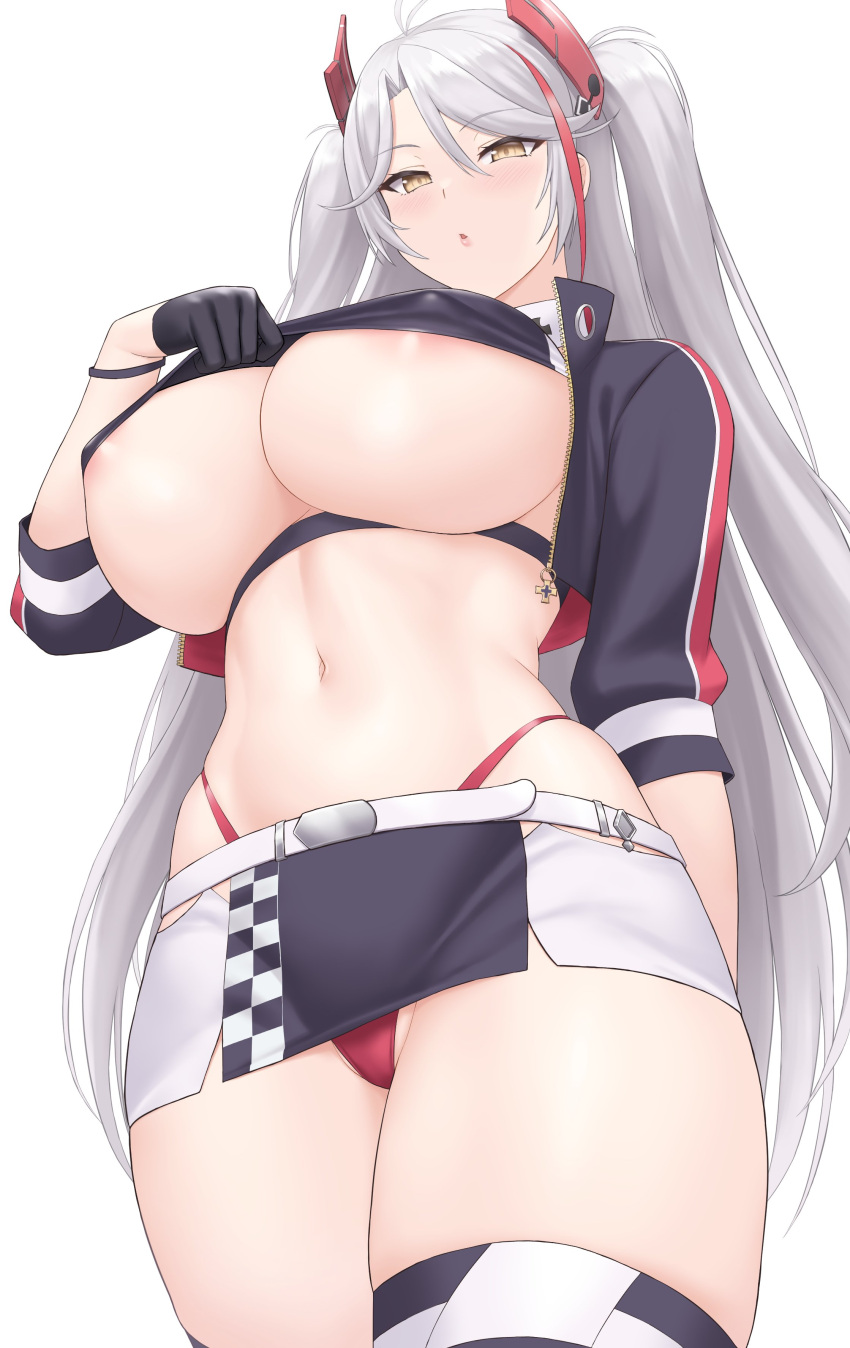 1girl absurdres antenna_hair azur_lane bangs belt blush breasts covered_nipples cropped_shirt highres large_breasts long_hair looking_at_viewer multicolored_hair navel official_alternate_costume open_mouth orange_eyes panties prinz_eugen_(azur_lane) prinz_eugen_(final_lap)_(azur_lane) race_queen red_panties sama_samasa silver_hair solo streaked_hair two-tone_skirt two_side_up underboob underwear white_belt