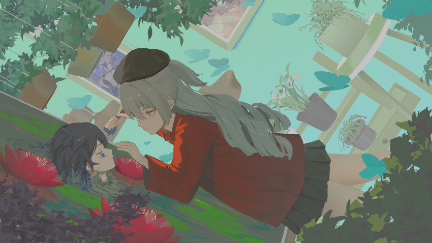 1boy 1girl absurdres black_hair black_skirt bronya_zaychik calligraphy_brush closed_eyes closed_mouth coat commentary_request drill_hair dutch_angle eyebrows_visible_through_hair feet_out_of_frame flower hair_between_eyes hat head highres honkai_(series) honkai_impact_3rd indoors ink kuo_(kuo114514) light_brown_hair long_hair paintbrush painting picture_frame plant pleated_skirt red_coat seele_vollerei short_hair sidelocks skirt standing vase wall