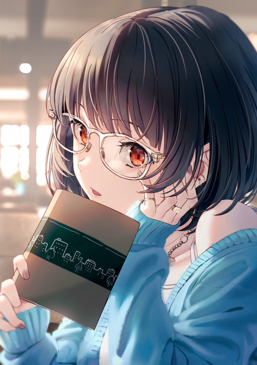 1girl bangs bare_shoulders black_hair blue_cardigan blurry blurry_background book camisole cardigan collarbone glasses hand_on_own_face hand_up highres holding holding_book hyuuga_azuri indoors jewelry long_sleeves necklace original parted_lips red_eyes short_hair solo white_camisole