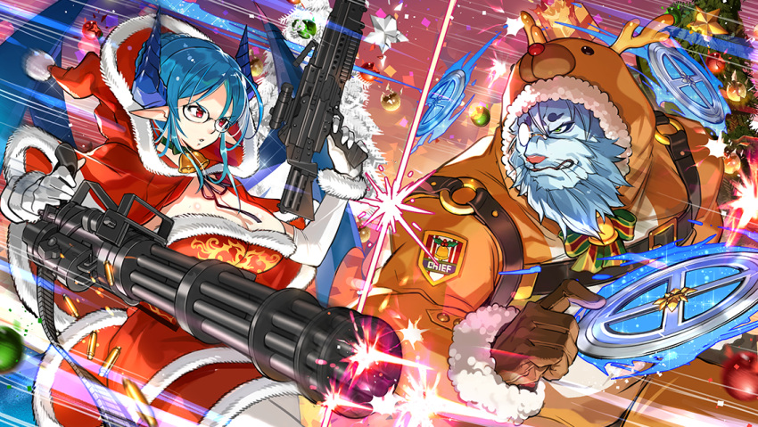 1boy 1girl animal_costume animal_hood bell blue_hair blue_horns breasts chakram christmas christmas_ornaments christmas_tree dragon_girl dragon_horns dragon_wings dual_wielding furry furry_male glaring glasses gun holding holding_gun holding_weapon hood horns large_breasts lion_boy melusine_(housamo) muscular muscular_male official_alternate_costume official_art pink_eyes pointy_ears reindeer_costume reindeer_hood santa_costume santa_dress short_hair snow_(housamo) sparks tail tokyo_afterschool_summoners weapon weapon_request white_hair white_legwear wings