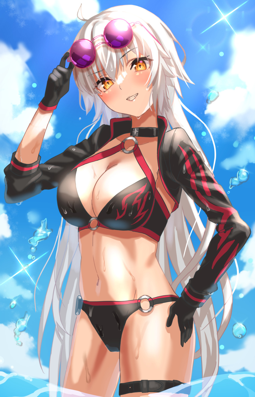 1girl ahoge bangs bikini black_bikini black_gloves black_jacket blue_sky breasts choker cleavage cropped_jacket eyewear_on_head fate/grand_order fate_(series) gloves grin highres jacket jeanne_d'arc_(alter_swimsuit_berserker)_(fate) jeanne_d'arc_(fate) large_breasts long_hair long_sleeves looking_at_viewer navel o-ring o-ring_bikini red_legwear shrug_(clothing) silver_hair single_thighhigh sky smile solo sunglasses swimsuit thigh_strap thighhighs thighs uuroncha very_long_hair wading wet yellow_eyes
