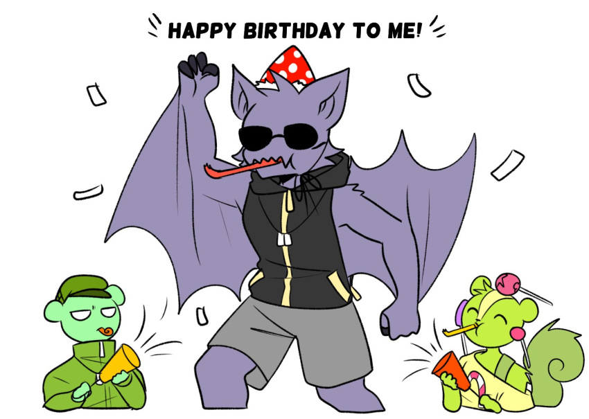anthro bottomwear candy celebration chiropteran clothed clothing confetti dancing dessert dog_tags english_text ev_(character) ev_htf_(artist) eyewear flippy_(htf) food fur green_body green_fur group happy_birthday happy_tree_friends hat headgear headwear male mammal membrane_(anatomy) membranous_wings military_beret military_clothing noisemaker nutty_(htf) off_shoulder party party_hat party_horn purple_body purple_fur rodent sciurid shorts simple_background sleeveless_hoodie sunglasses text tree_squirrel ursid wings