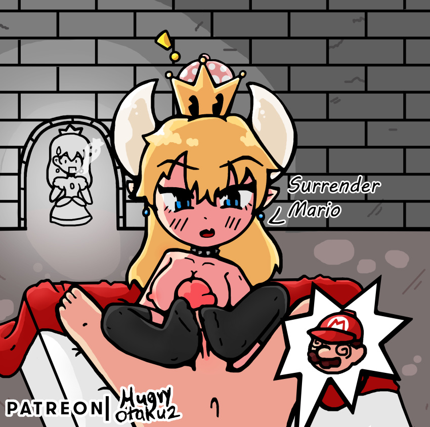 1girl absurdres blonde_hair blue_eyes bowser bowsette commission fanart feet highres hungryotaku2 mario masturbation nintendo self_upload