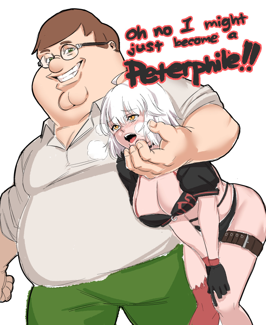 1boy 1girl absurdres ahegao bikini black_bikini blush breasts brown_hair cleavage collared_shirt crossover english_commentary eyebrows_visible_through_hair family_guy fat fat_man fate/grand_order fate_(series) glasses green_eyes highres jeanne_d'arc_(alter_swimsuit_berserker)_(fate) jeanne_d'arc_(fate) kowai_(iamkowai) large_breasts leaning_forward looking_at_viewer looking_up open_mouth orange_eyes peter_griffin shirt short_hair smile swimsuit thigh_strap white_shirt