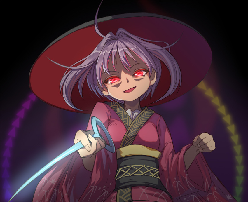 1girl bowl bowl_hat commission hat holding holding_needle japanese_clothes kimono long_sleeves minigirl needle needle_sword obi purple_hair red_kimono sash shope skeb_commission solo sukuna_shinmyoumaru touhou